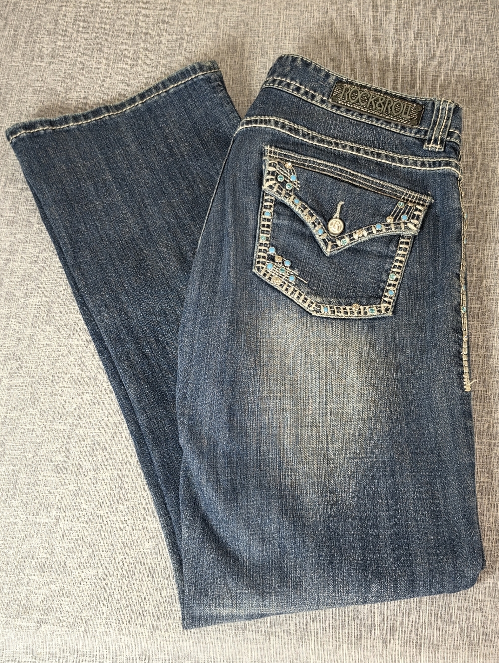 Rock & Roll Cowgirl Embellished Jeans Silver Blue Size 31x32 Boot Cut